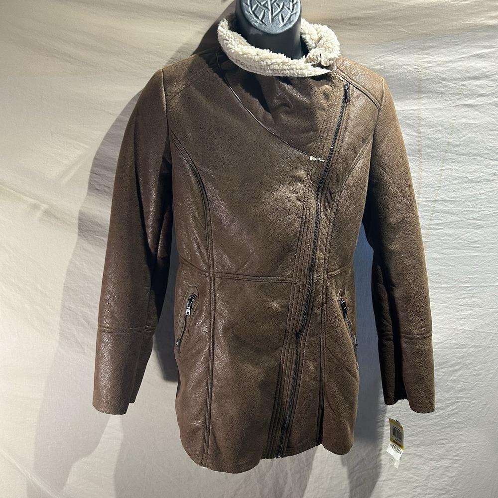 American Rag Cie Women's Medium Brown Sherpa Faux Leather Jacket Thrashed Cross